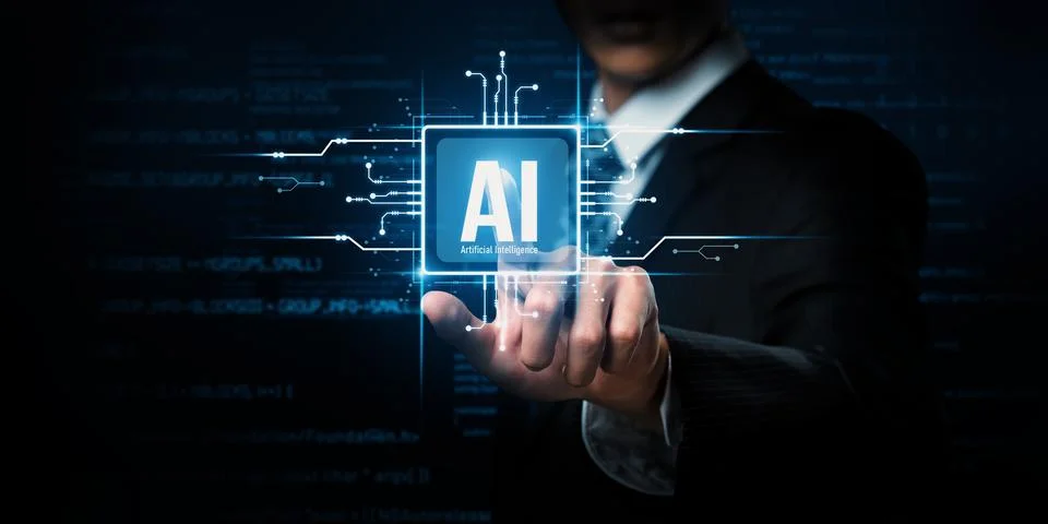 Human interact with AI artificial intelligence brain processor generative AI NLP Stock Photos