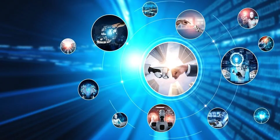 Human interact with AI artificial intelligence virtual assistant NLP robot Foto stock