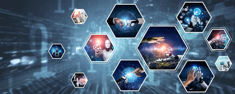 Human interact with AI artificial intelligence virtual assistant NLP robot Stock Photos