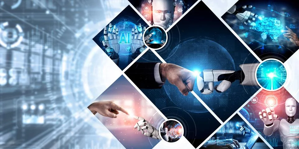 Human interact with AI artificial intelligence virtual assistant NLP robot Foto stock