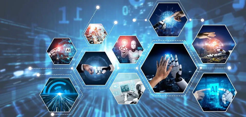 Human interact with AI artificial intelligence virtual assistant NLP robot Stock Photos