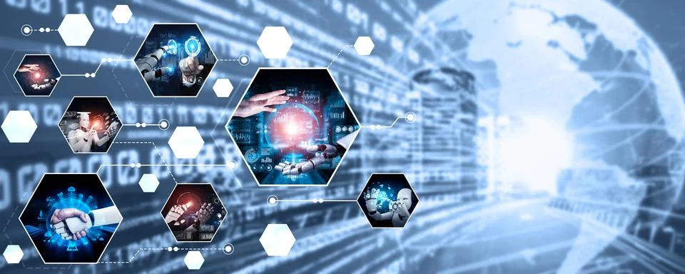 Human interact with AI artificial intelligence virtual assistant NLP robot Stock Photos
