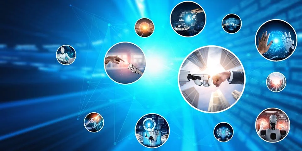 Human interact with AI artificial intelligence virtual assistant NLP robot Stock Photos