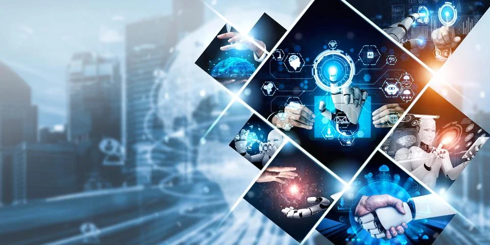 Human interact with AI artificial intelligence virtual assistant NLP robot Stock Photos