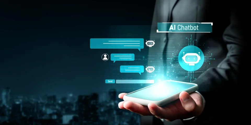 Human interact with AI artificial intelligence virtual assistant generative NLP Stock Photos