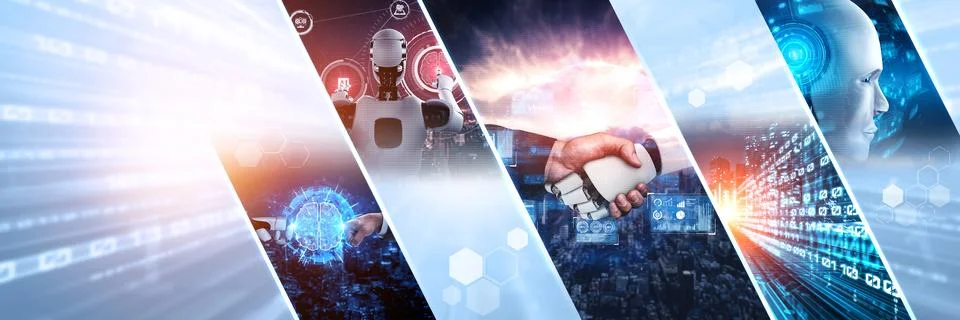 Human interact with AI artificial intelligence virtual assistant NLP robot Stock Photos