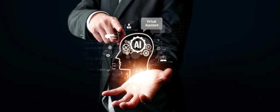 Human interact with AI artificial intelligence virtual assistant generative NLP Stock Photos