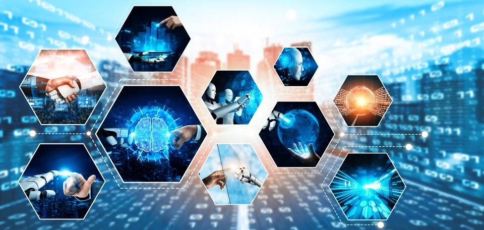 Human interact with AI artificial intelligence virtual assistant NLP robot Stock Photos