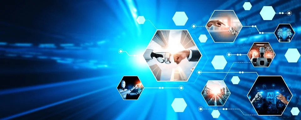 Human interact with AI artificial intelligence virtual assistant NLP robot Stock Photos