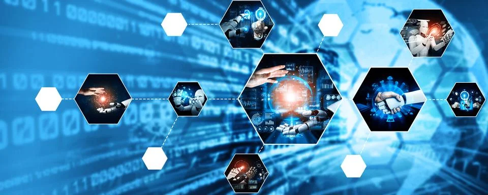 Human interact with AI artificial intelligence virtual assistant NLP robot 写真素材