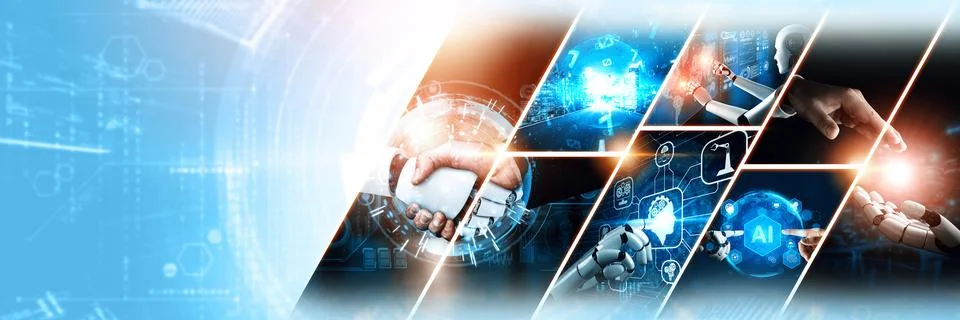 Human interact with AI artificial intelligence virtual assistant NLP robot Stock Photos
