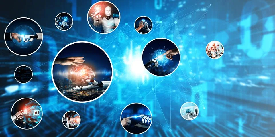 Human interact with AI artificial intelligence virtual assistant NLP robot 写真素材