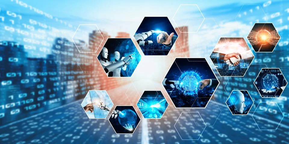 Human interact with AI artificial intelligence virtual assistant NLP robot Foto stock