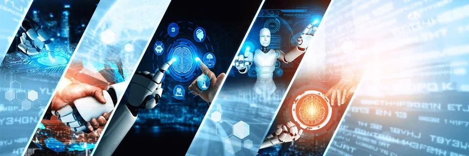 Human interact with AI artificial intelligence virtual assistant NLP robot Stock Photos