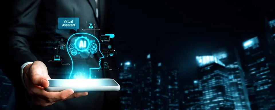 Human interact with AI artificial intelligence virtual assistant generative NLP Stock Photos