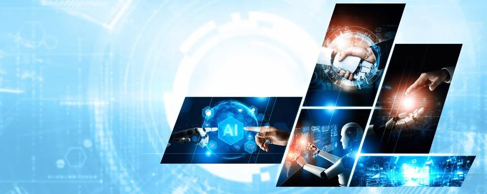 Human interact with AI artificial intelligence virtual assistant NLP robot Stock Photos