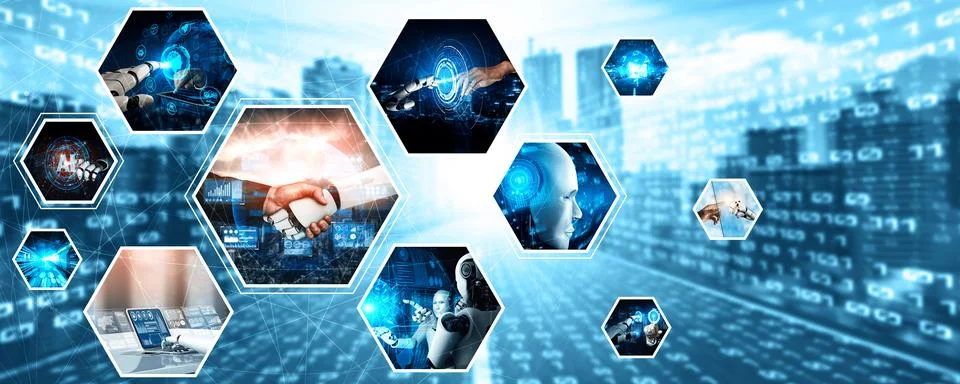 Human interact with AI artificial intelligence virtual assistant NLP robot Stock Photos