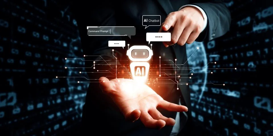 Human interact with AI artificial intelligence virtual assistant generative NLP Stock Photos