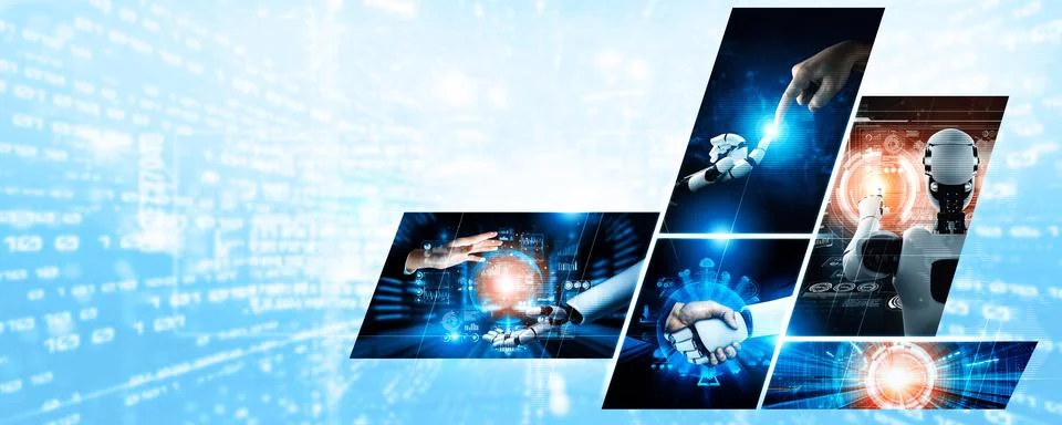 Human interact with AI artificial intelligence virtual assistant NLP robot 写真素材