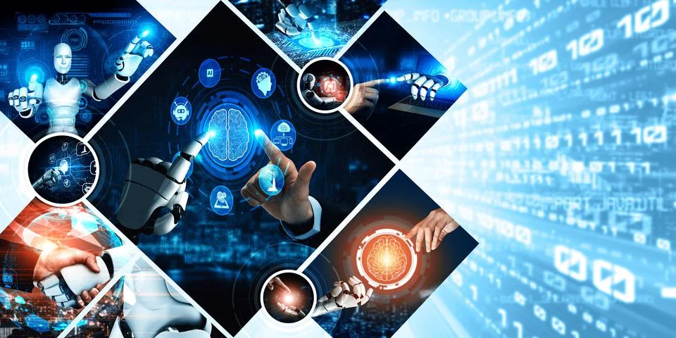Human interact with AI artificial intelligence virtual assistant NLP robot Stock Photos