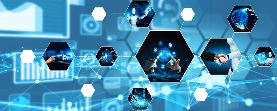 Human interact with AI artificial intelligence virtual assistant NLP robot 写真素材