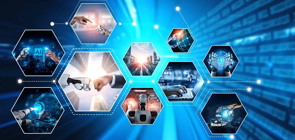 Human interact with AI artificial intelligence virtual assistant NLP robot Stock Photos