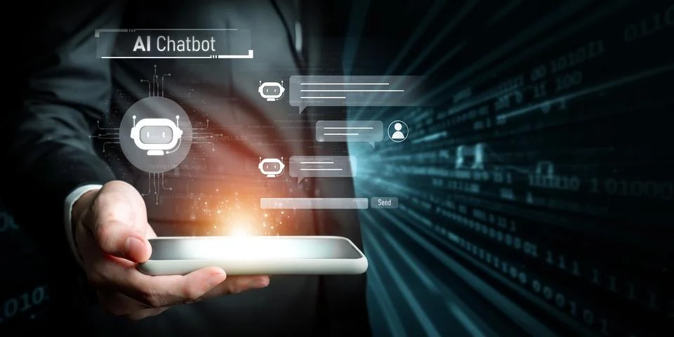 Human interact with AI artificial intelligence virtual assistant FaaS Stock Photos