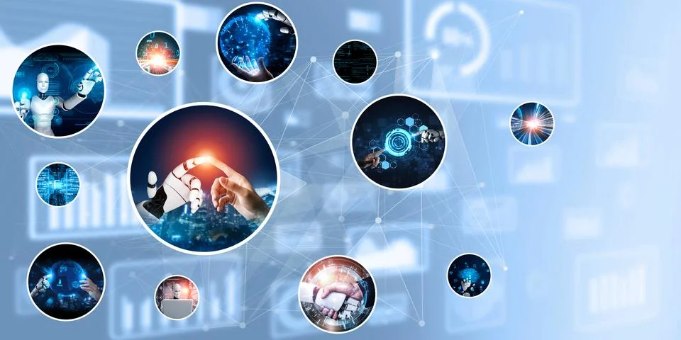 Human interact with AI artificial intelligence virtual assistant NLP robot Stock Photos