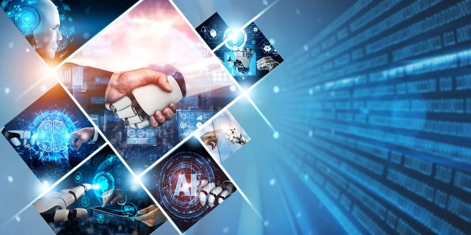 Human interact with AI artificial intelligence virtual assistant NLP robot Stock Photos