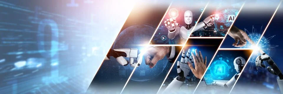 Human interact with AI artificial intelligence virtual assistant NLP robot Stock Photos