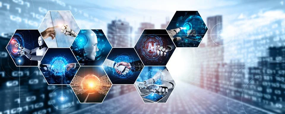 Human interact with AI artificial intelligence virtual assistant NLP robot Stock Photos