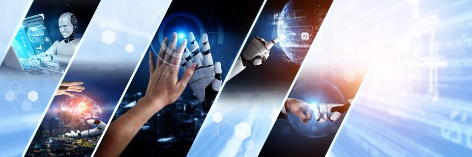 Human interact with AI artificial intelligence virtual assistant NLP robot Stock Photos
