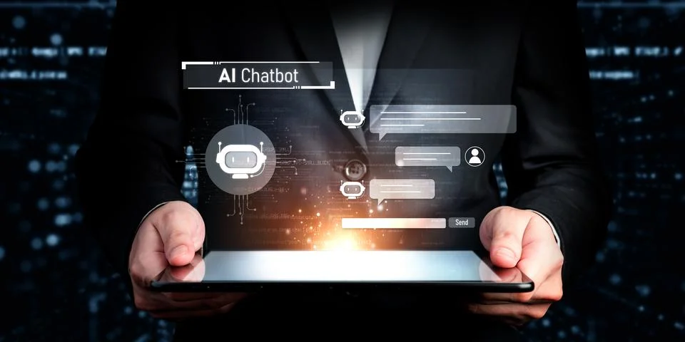 Human interact with AI artificial intelligence virtual assistant generative NLP Stock Photos