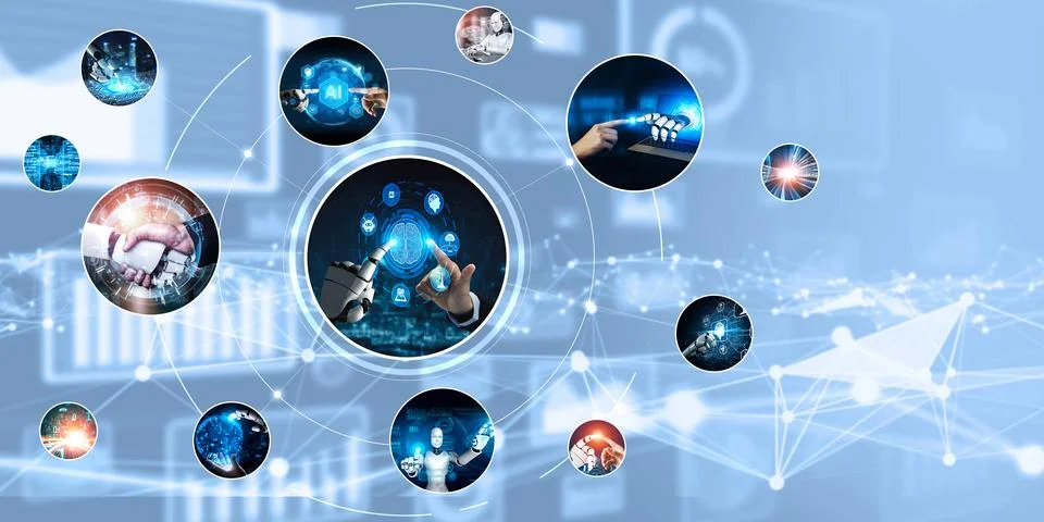 Human interact with AI artificial intelligence virtual assistant NLP robot Stock Photos