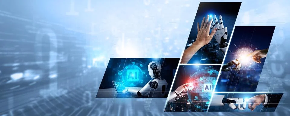 Human interact with AI artificial intelligence virtual assistant NLP robot Stock Photos