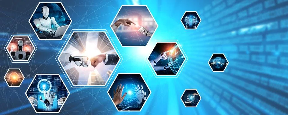 Human interact with AI artificial intelligence virtual assistant NLP robot Stock Photos