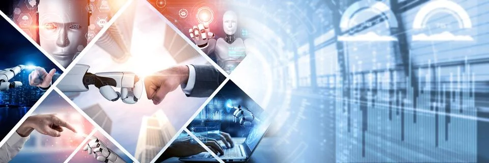 Human interact with AI artificial intelligence virtual assistant NLP robot 写真素材