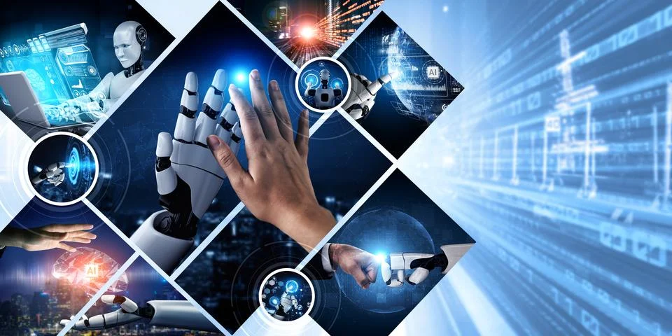 Human interact with AI artificial intelligence virtual assistant NLP robot 写真素材
