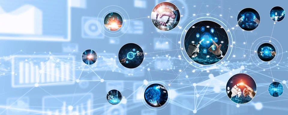 Human interact with AI artificial intelligence virtual assistant NLP robot Stock Photos