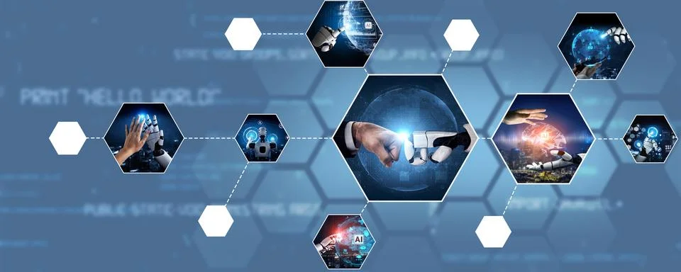 Human interact with AI artificial intelligence virtual assistant NLP robot Stock Photos