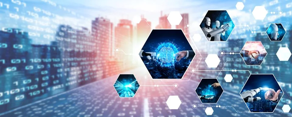 Human interact with AI artificial intelligence virtual assistant NLP robot Stock Photos