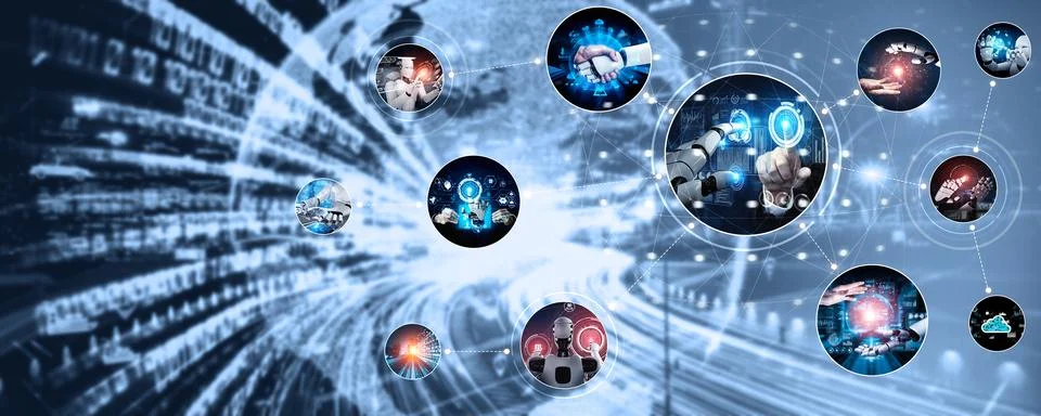 Human interact with AI artificial intelligence virtual assistant NLP robot Stock Photos