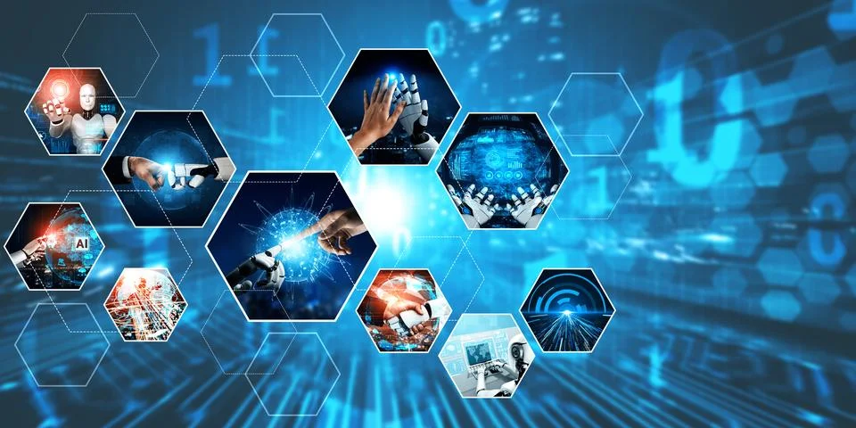 Human interact with AI artificial intelligence virtual assistant NLP robot Stock Photos