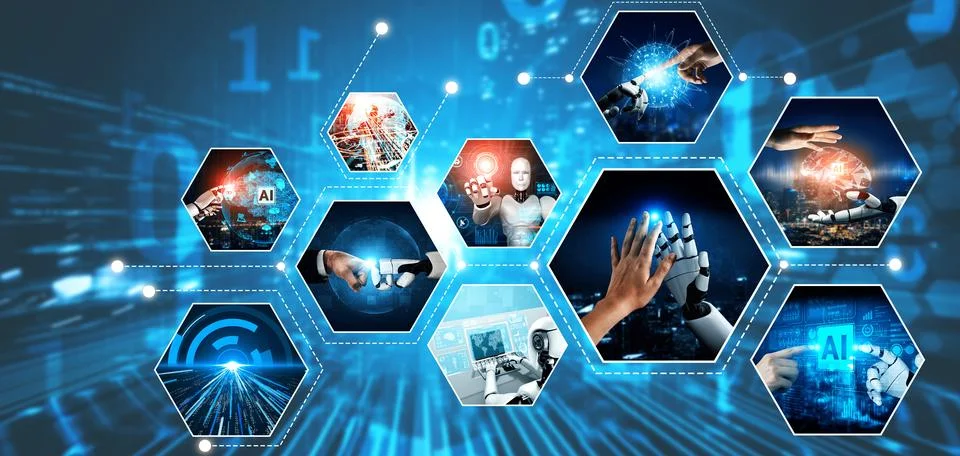 Human interact with AI artificial intelligence virtual assistant NLP robot Foto stock