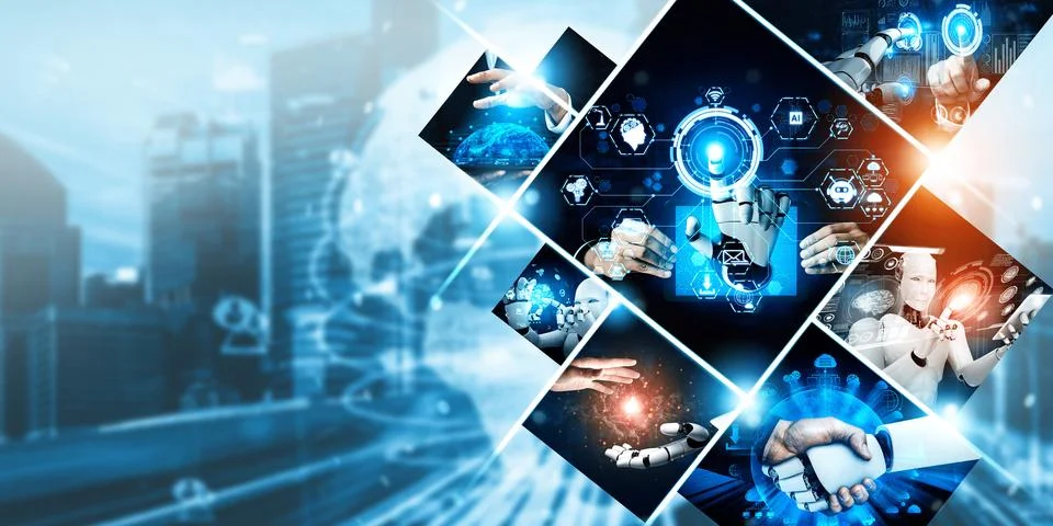 Human interact with AI artificial intelligence virtual assistant NLP robot Foto stock