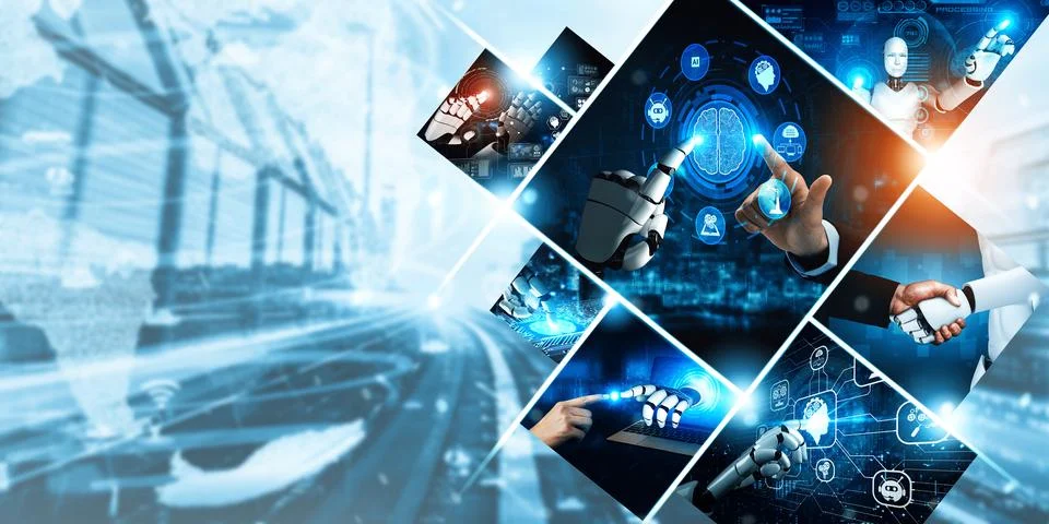 Human interact with AI artificial intelligence virtual assistant NLP robot Stock Photos