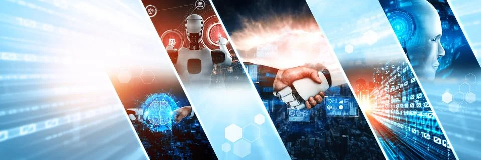 Human interact with AI artificial intelligence virtual assistant NLP robot Stock Photos