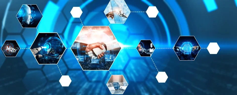 Human interact with AI artificial intelligence virtual assistant NLP robot Stock Photos