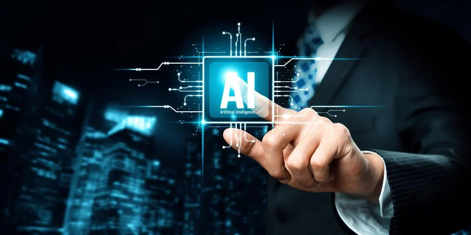 Human interact with AI artificial intelligence brain processor generative AI NLP Stock Photos