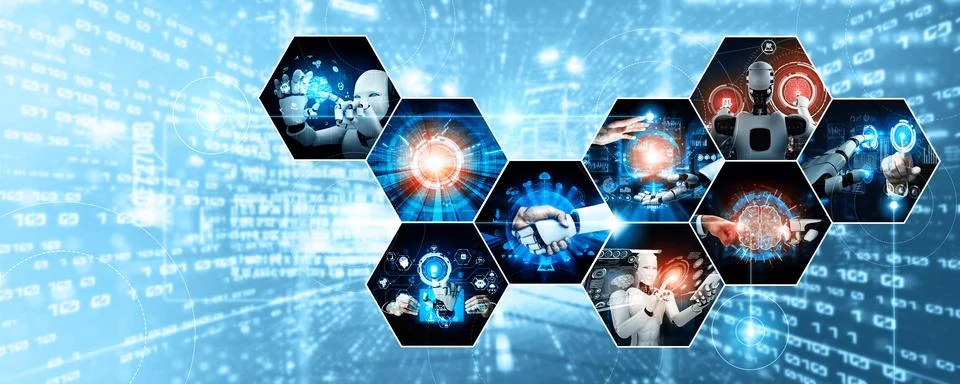 Human interact with AI artificial intelligence virtual assistant NLP robot Stock Photos